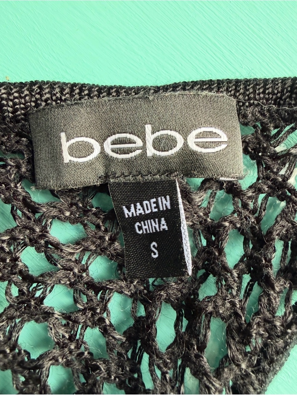 bebe Black Open-Knit Crochet Mini Tank Dress Cover Up Size S Y2K Boho Beach - Picture 3 of 11